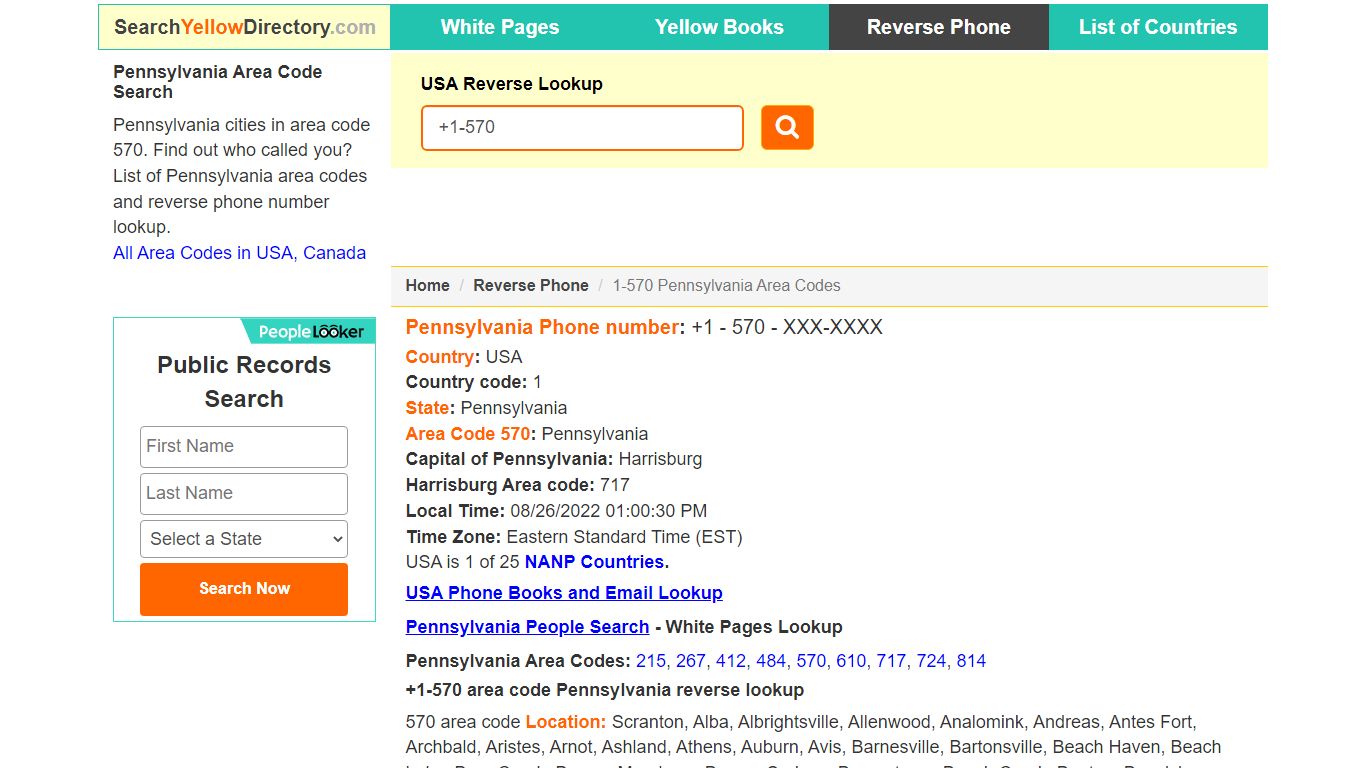 Pennsylvania Area Code 570 Reverse Phone Number Lookup
